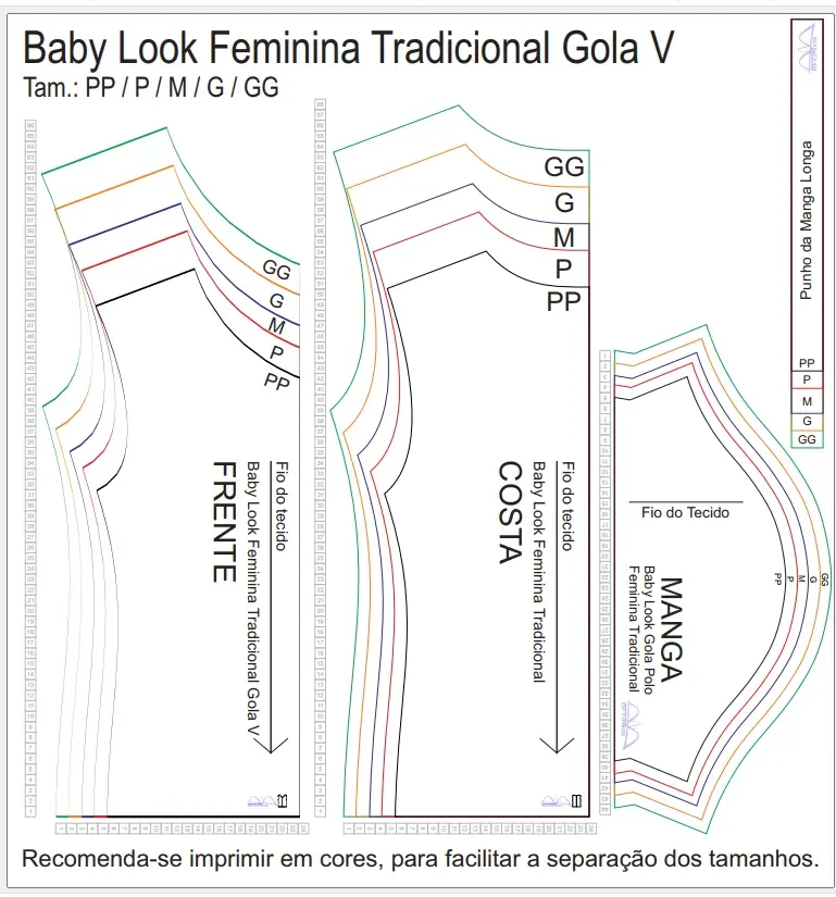 Molde de Costura Para Imprimir Camiseta - 07 - Baby Look Tradicional Gola V (PP ao GG)