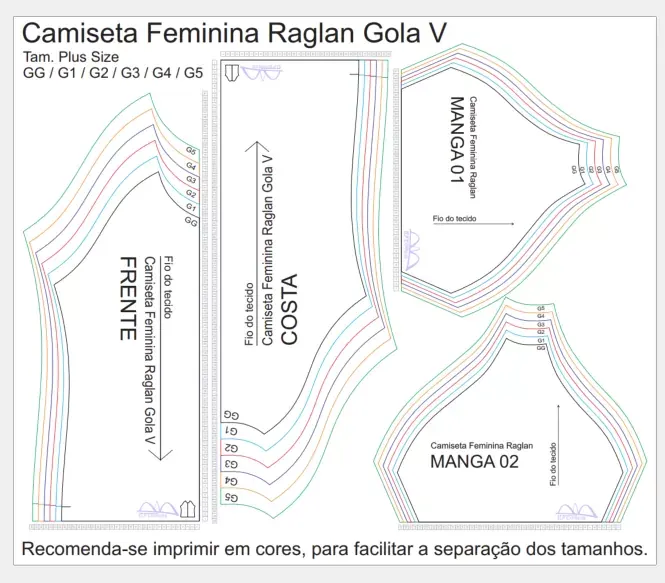 Molde de Costura Para Imprimir Camiseta - 11 - Baby Look Raglan Feminina Gola V Manga Curta (GG ao G5)