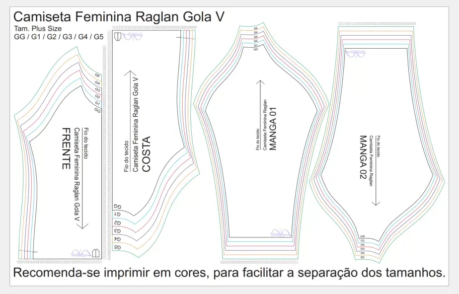 Molde de Costura Para Imprimir Camiseta - 12 - Baby Look Raglan Gola V Manga Longa (GG ao G5)