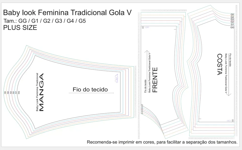 Molde de Costura Para Imprimir Camiseta - 16 - Baby Look Tradicional Gola V Manga Longa (GG ao G5) ok