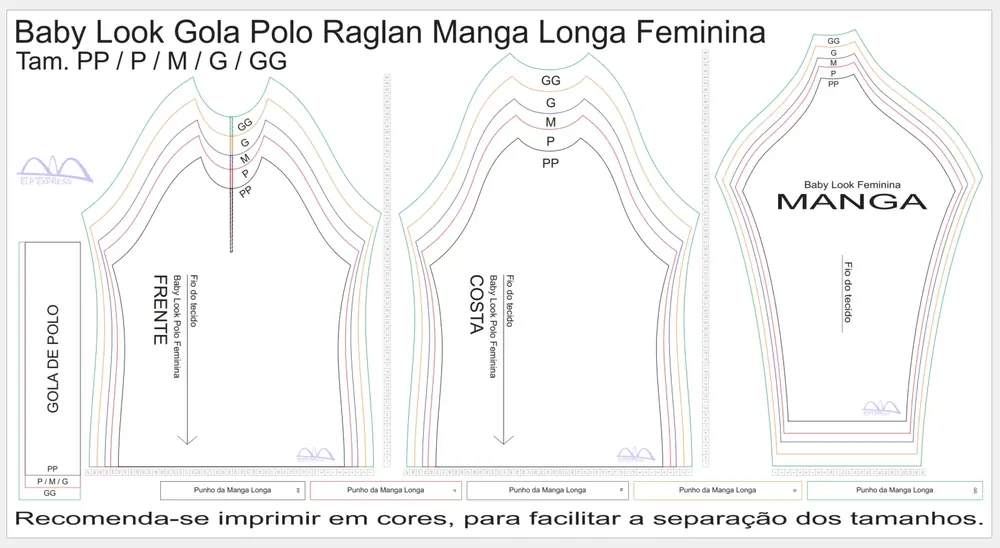 Molde de Costura Para Imprimir Camiseta - 18 - Baby look Gola Polo Raglan Manga Longa (PP - GG)