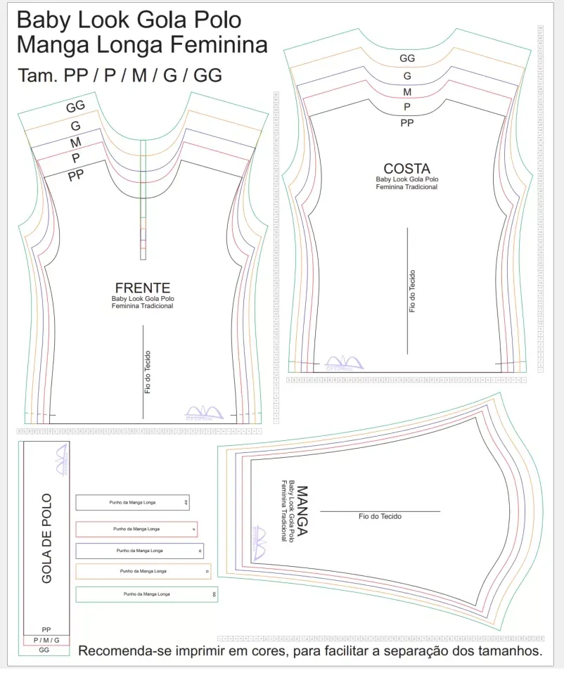 Molde de Costura Para Imprimir Camiseta - 20 - Baby look Gola Polo Tradicional Manga Longa (PP ao GG)