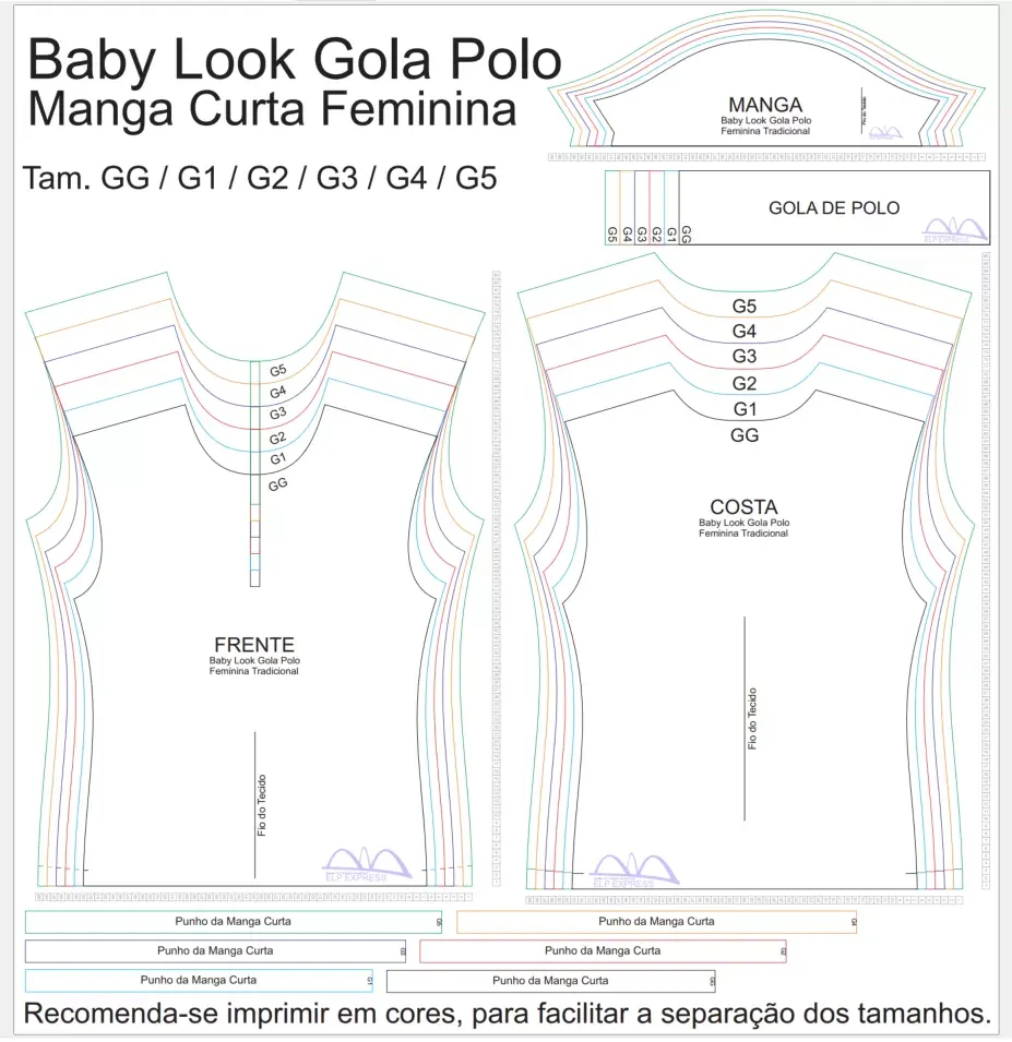 Molde de Costura Para Imprimir Camiseta - 23 - Baby look Gola Polo Tradicional (GG ao G5)