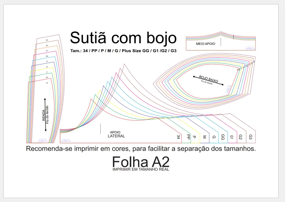 Molde de Costura Para Imprimir Camiseta - 68 - Sutiã com bojo (34-PP ao G3 Plus Size)