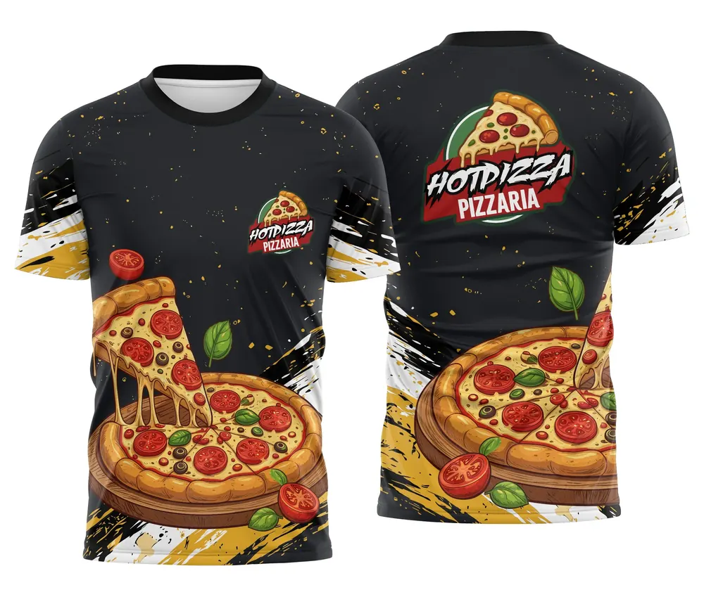 Camisa Pizzaiolo Preta com Respingos Amarelos e Pizza Grande