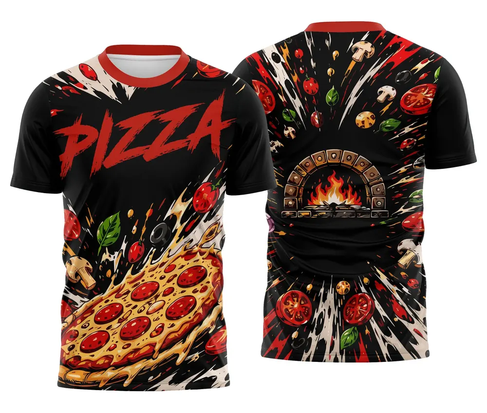 Camisa Pizzaiolo Preta e Vermelha Lettering Pizza Grande