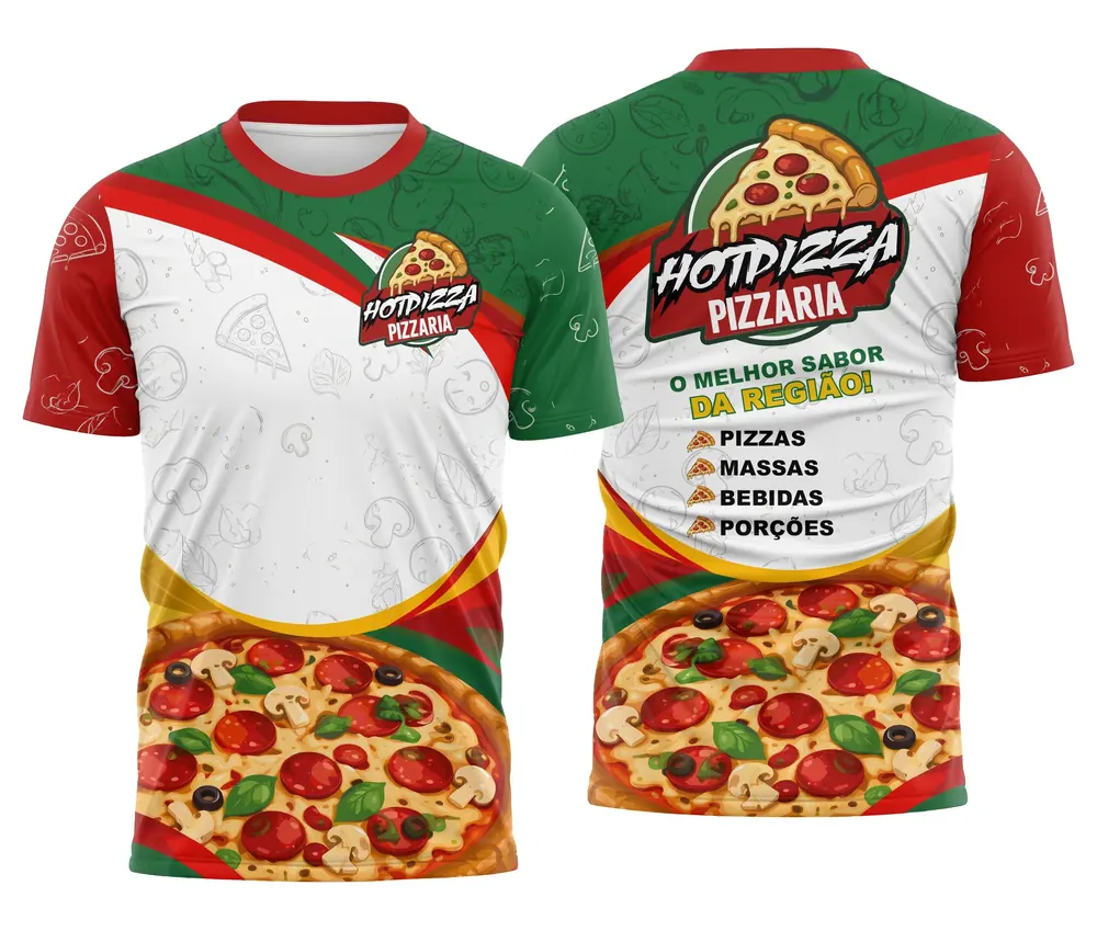 Camiseta Pizzaria Itália Verde Branco e Vermelho com Cardápio