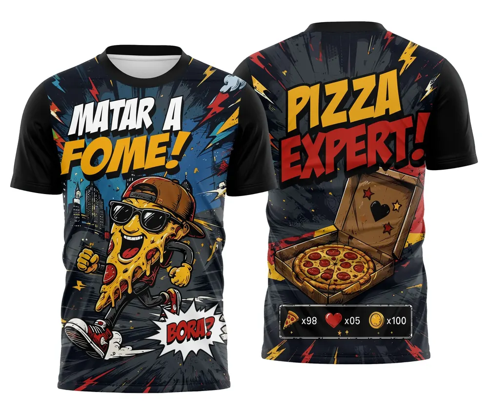 Camiseta Pizzaria Quadrinhos Azul Matar a Fome Pizza Expert