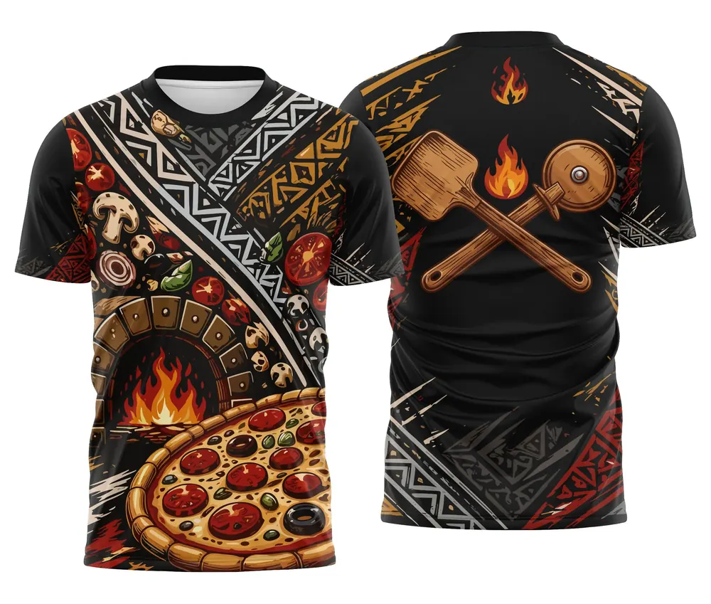 Camisa de Pizzaria Preta Tribal com Cortador e Pá Cruzados