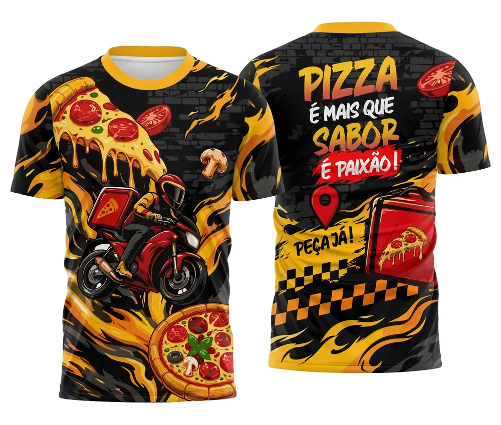 Camisa Uniforme Pizzaria Amarela e Preta Moto Delivery Pega Já