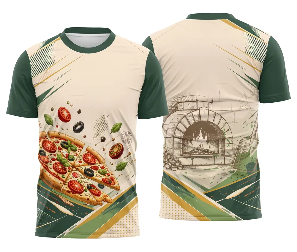 Camisa Uniforme Pizzaria Verde e Creme com Forno Rústico