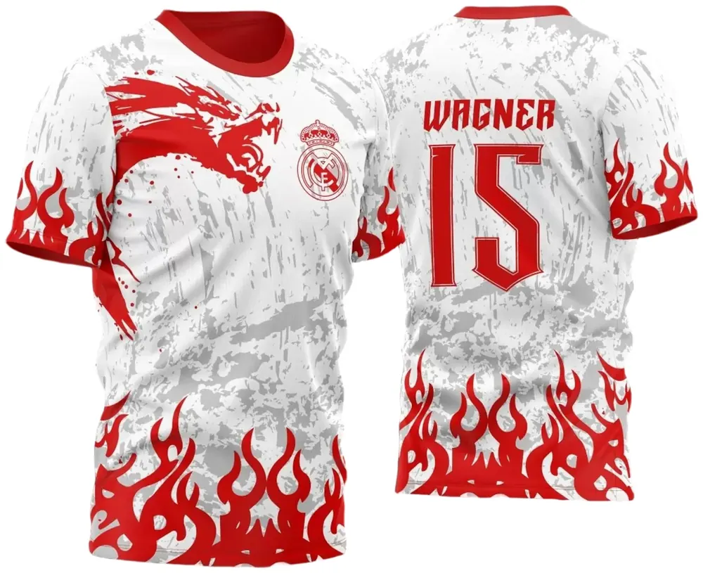 Arte Vetor Camisa Para InterClasse Real Madrid Pincel Dragão 2023 Branca e Vermelha