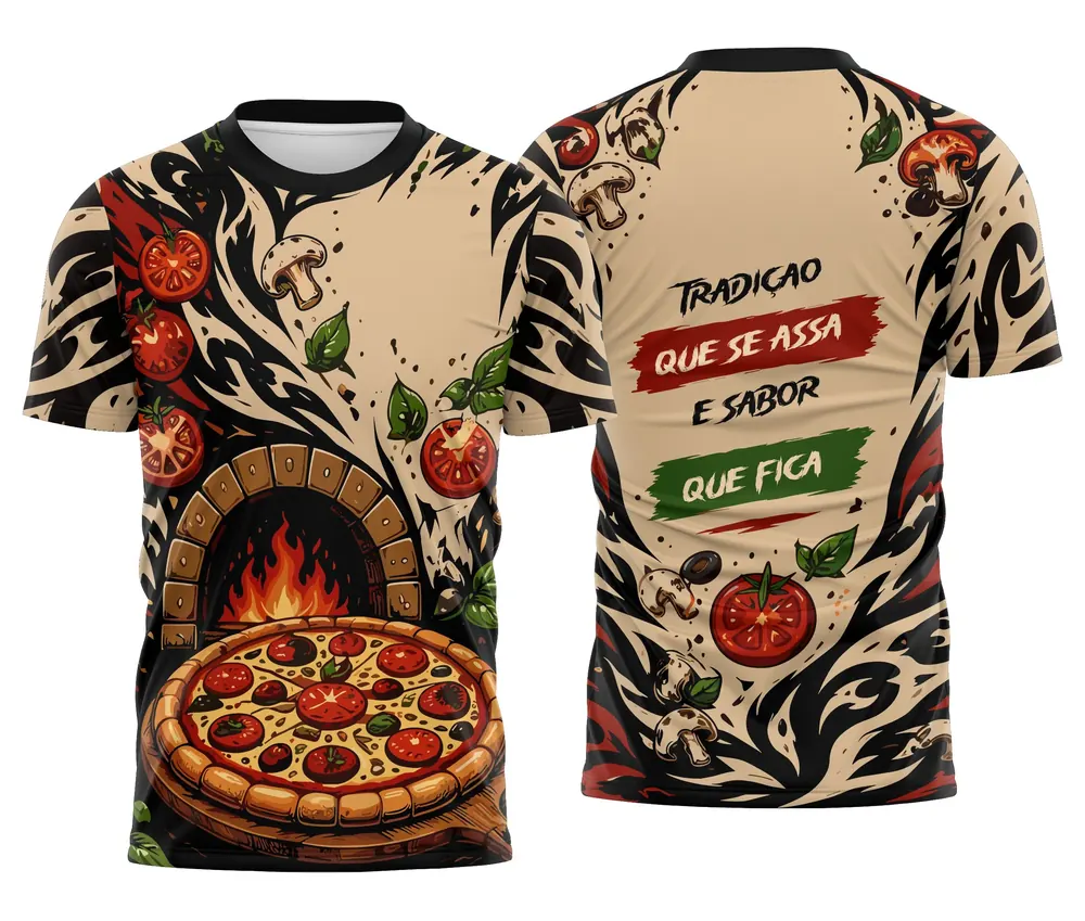 Blusa Uniforme Pizzaria Bege e Preta Tradição que se Assa
