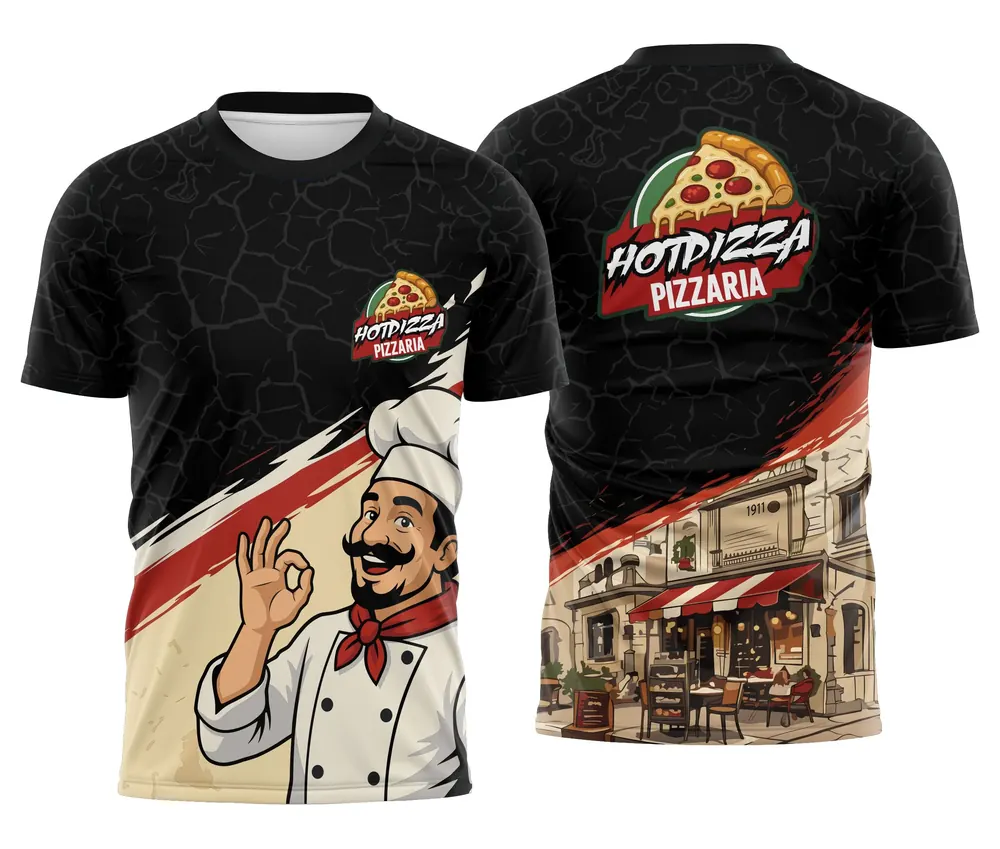 Camisa Equipe Pizzaria Preta e Vermelha Chef na Rua Italiana