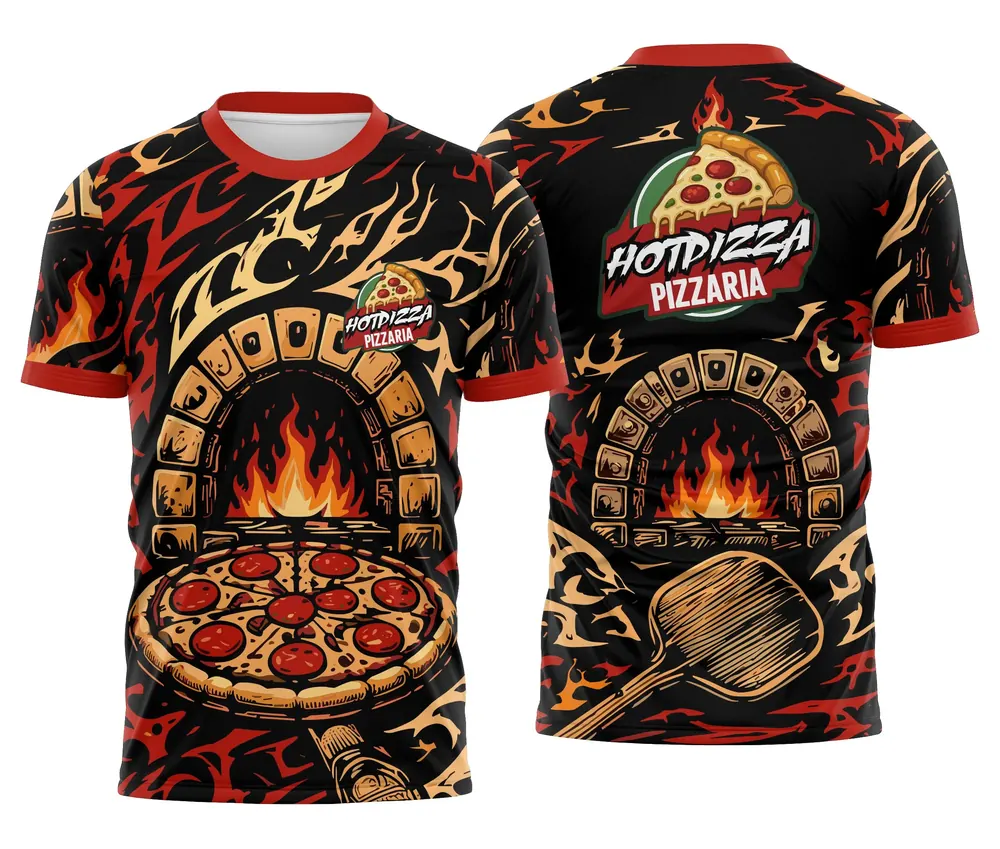 Camisa Equipe Pizzaria Preta e Vermelha com Forno em Chamas
