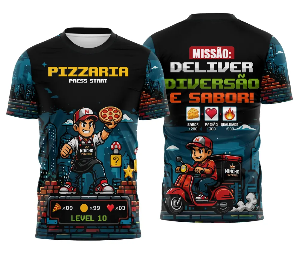 Camisa Pizzaria Gamer Arcade Pixel Missão Delivery ial