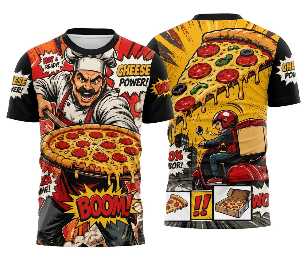 Camisa Pizzaria Quadrinhos Cheese Power com Motoboy