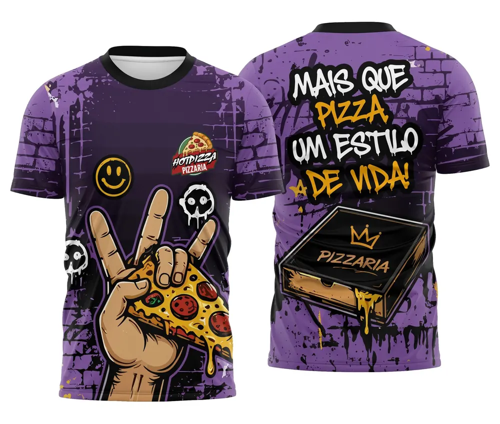 Camisa Pizzaria Roxa Tijolos Mais que Pizza um Estilo de Vida