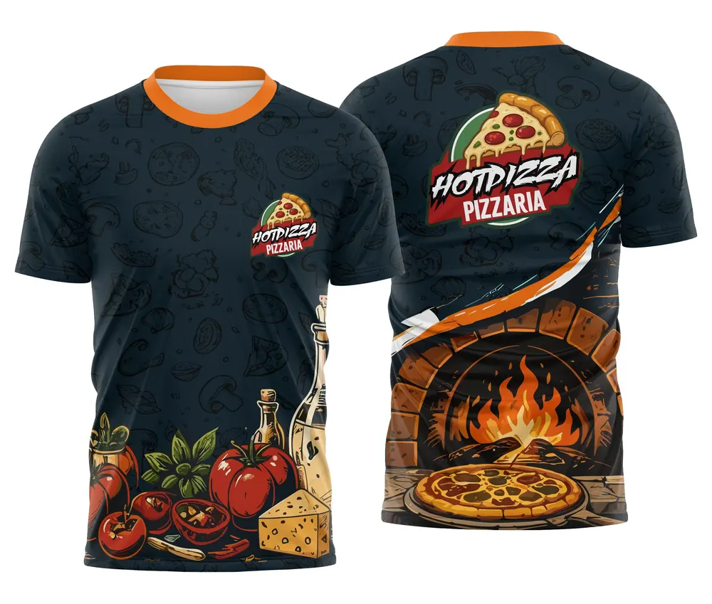 Camisa Trabalho Pizzaria Azul Petróleo com Ingredientes e Forno