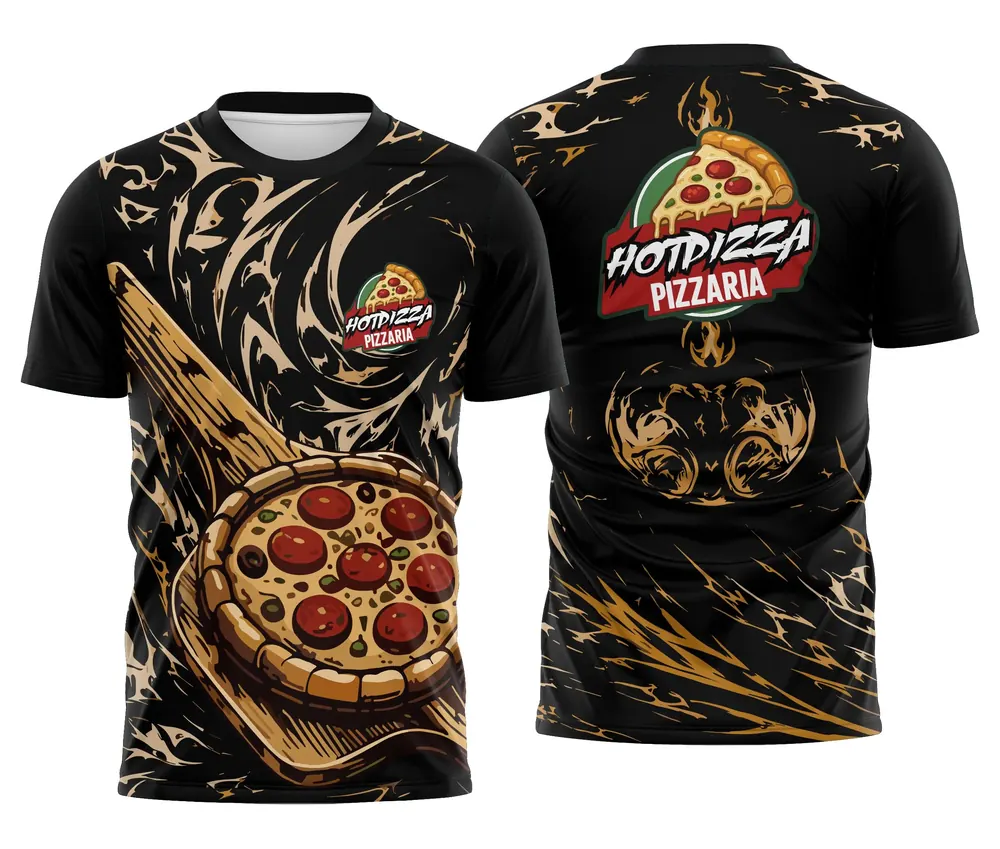 Camisa Trabalho Pizzaria Preta e Dourada com Pizza Ornamentada