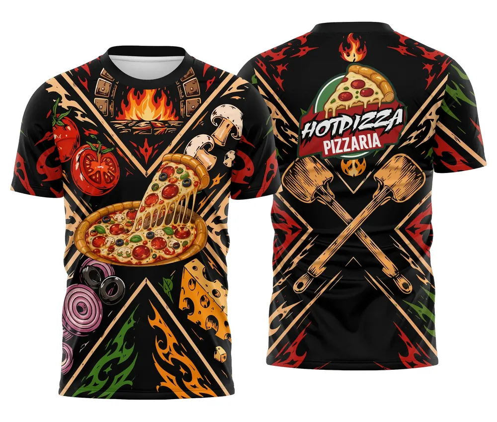 Camisa Trabalho Pizzaria Preta Fogo com Pás Cruzadas e Ingredientes