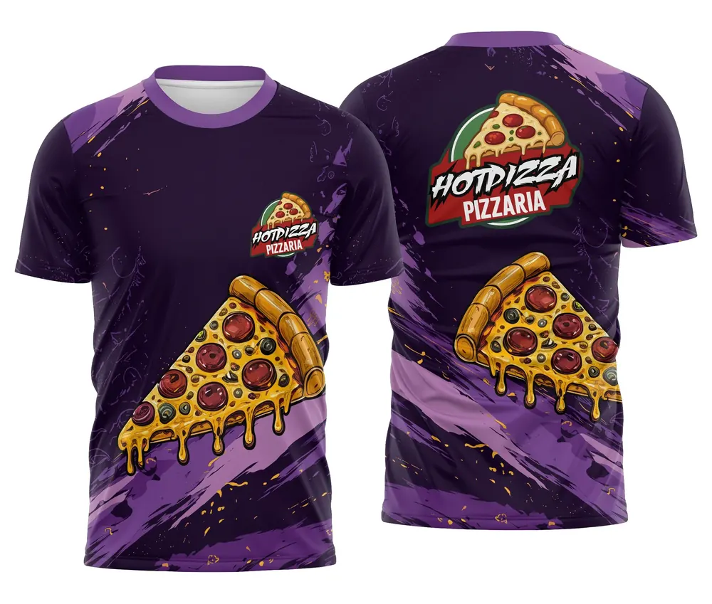 Camisa Trabalho Pizzaria Roxa com Fatia Escorrendo Queijo