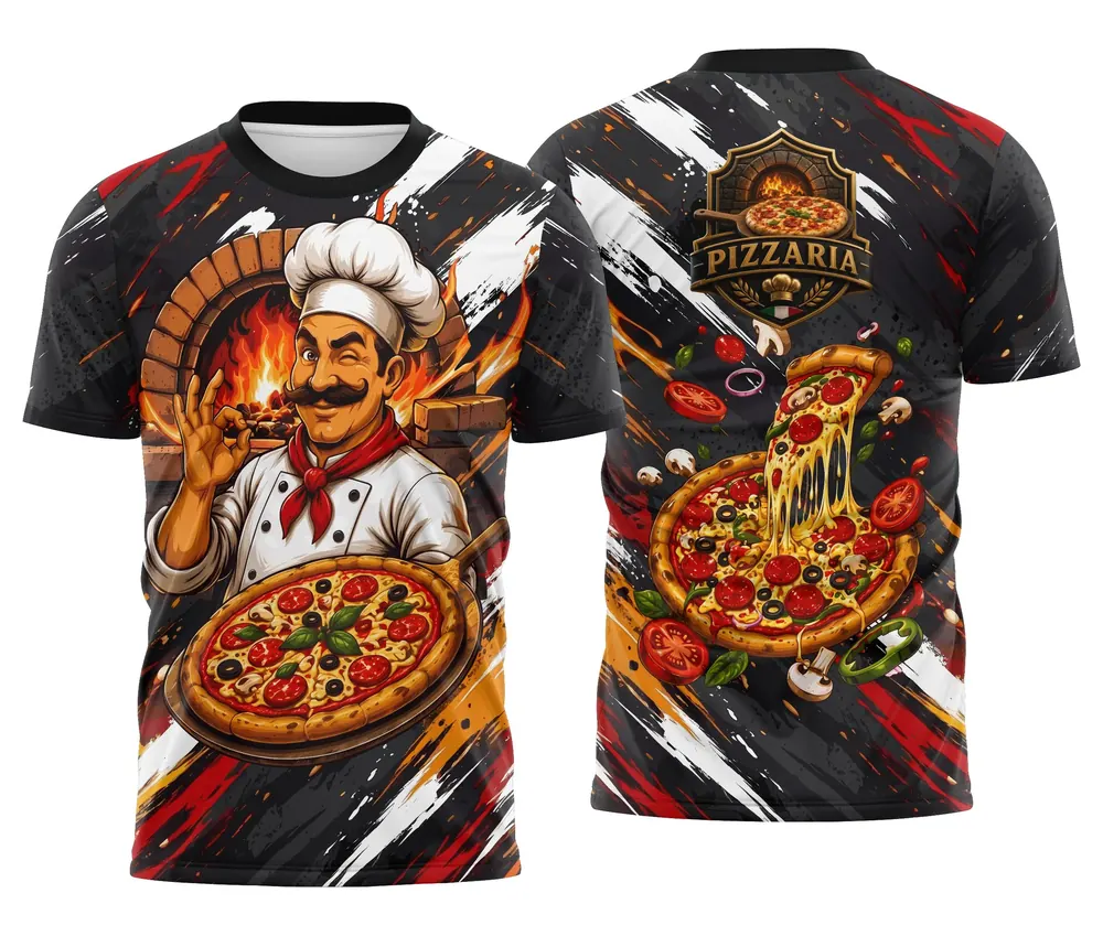 Camisa Uniforme Pizzaria Chef Bigode e Forno a Lenha Vermelha