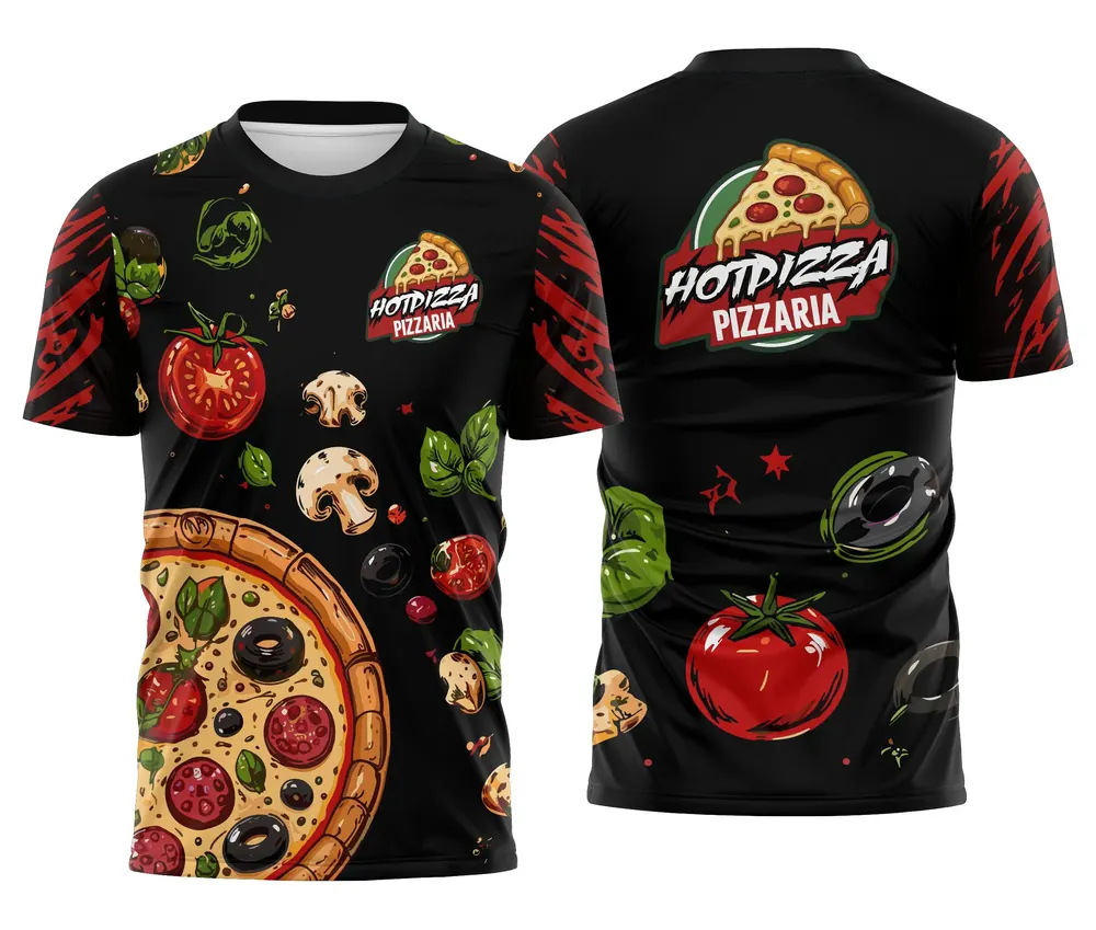Camisa Uniforme Pizzaria Preta com Tomate Manjericão e Cogumelo