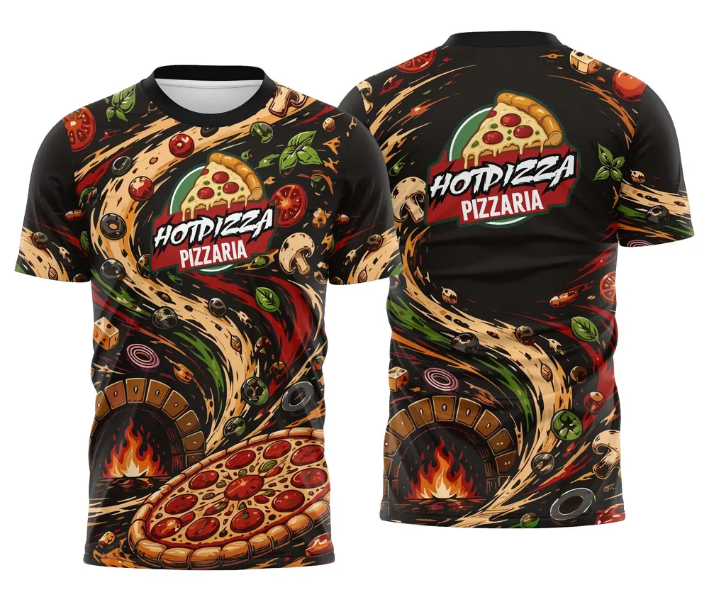 Camiseta Delivery Pizza Preta com Redemoinho de Ingredientes
