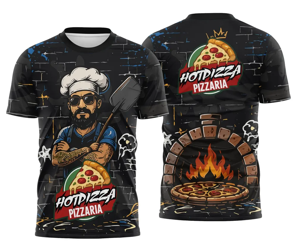 Camiseta Pizzaria Preta com Chef Descolado e Forno de Tijolos