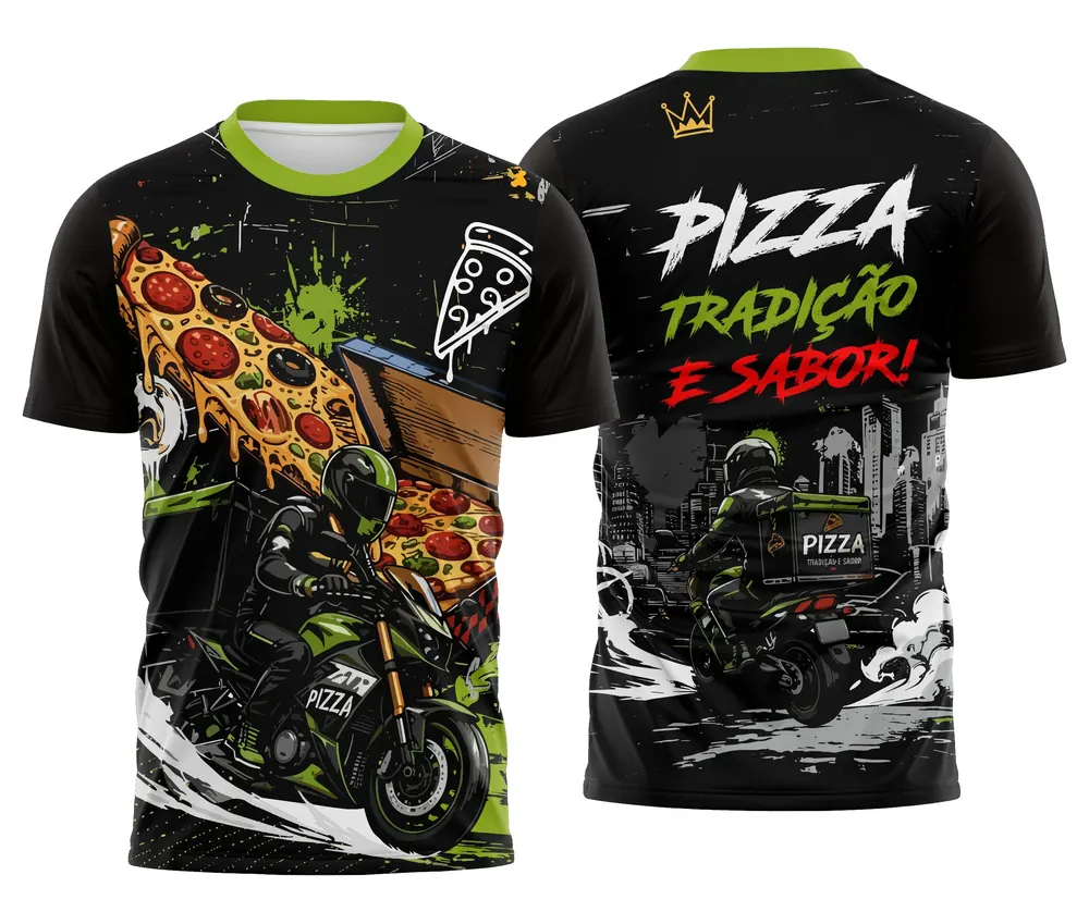 Camiseta Pizzaria Preta e Verde Moto Delivery Tradição e Sabor