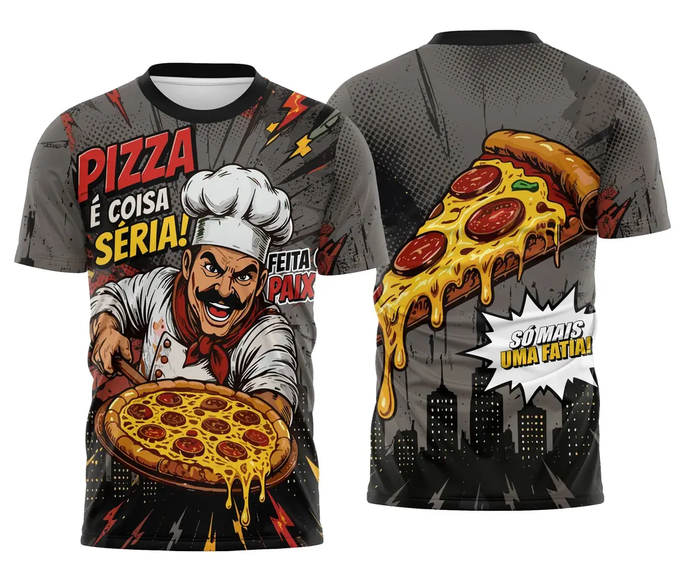 Camiseta Uniforme Pizzaria Cinza e Vermelha Pizza é Coisa Séria