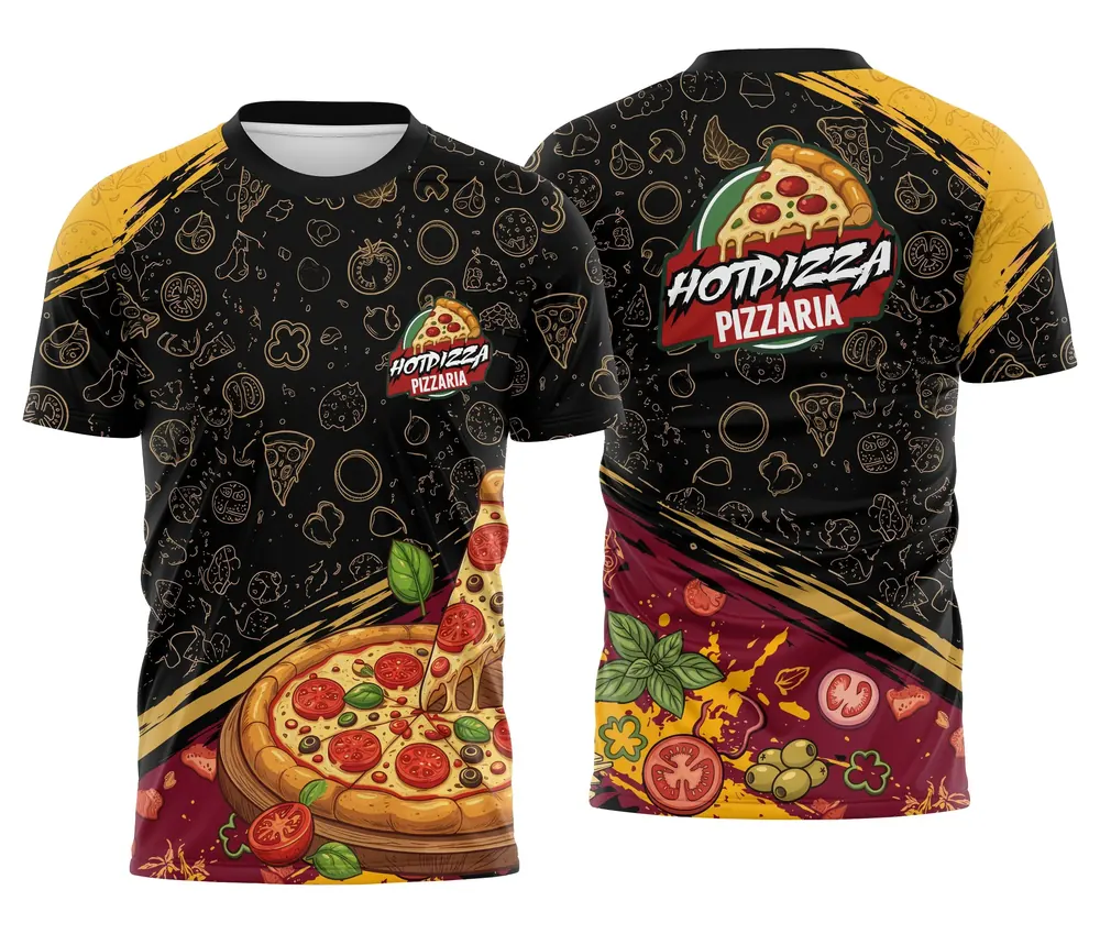 Camisa Estampa Pizzaria Preta com Padrão de Pizzas e Dourado