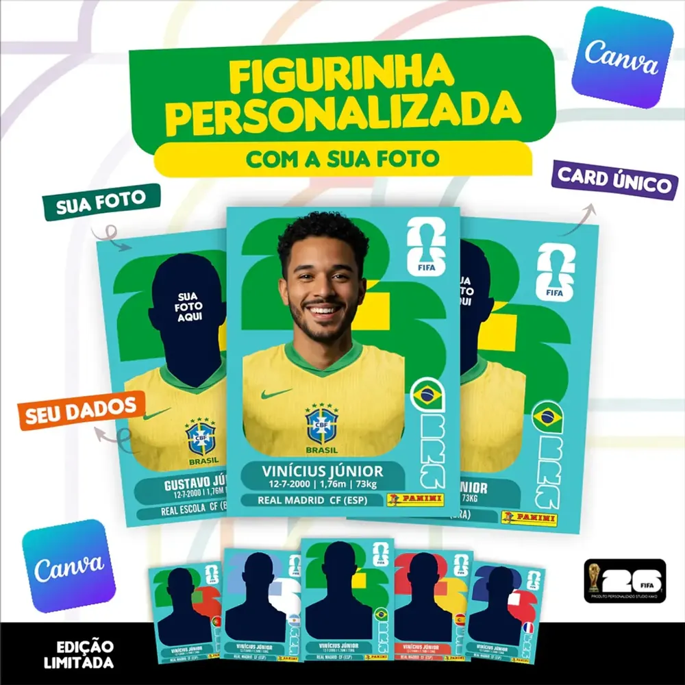 Camisa Figurinha da Copa do Mundo 2026 Personalizada (Brasil) | Editável no Canva