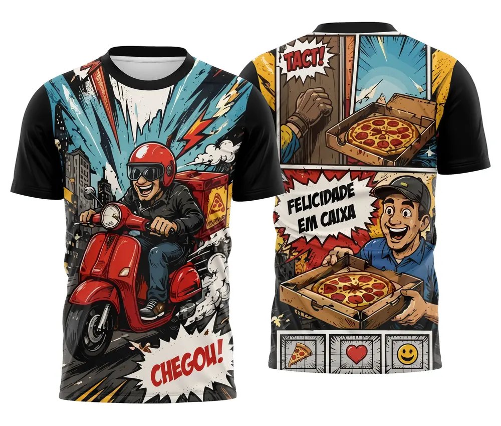 Camisa Modelo Pizzaria Quadrinhos Motoboy Chegou Felicidade em Caixa