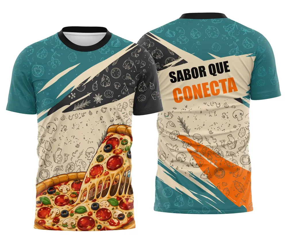 Camisa Modelo Pizzaria Turquesa e Creme Sabor que Conecta