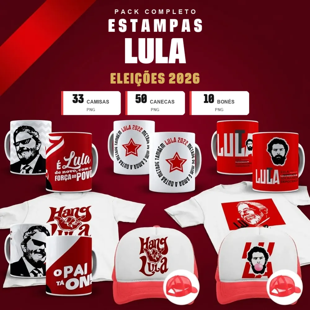 Camisa Pack Estampas Lula 2026 - , Caneca e Boné