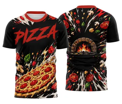 Camisa Pizzaiolo Preta e Vermelha Lettering Pizza Grande