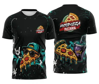 Camisa Pizzaria Street Preta Fatia de Boné e Copo