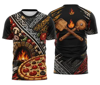 Camisa de Pizzaria Preta Tribal com Cortador e Pá Cruzados