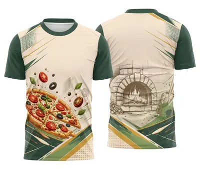 Camisa Uniforme Pizzaria Verde e Creme com Forno Rústico