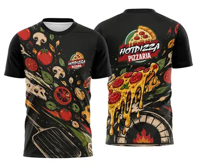 Camisa Delivery Pizzaria Preta com Explosão de Ingredientes