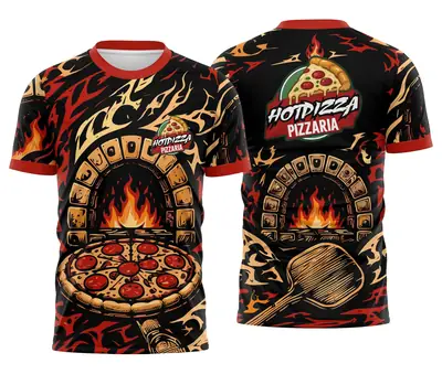 Camisa Equipe Pizzaria Preta e Vermelha com Forno em Chamas