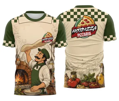 Camisa Equipe Pizzaria Xadrez Verde com Pizzaiolo Girando a Massa