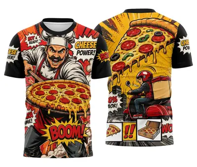 Camisa Pizzaria Quadrinhos Cheese Power com Motoboy