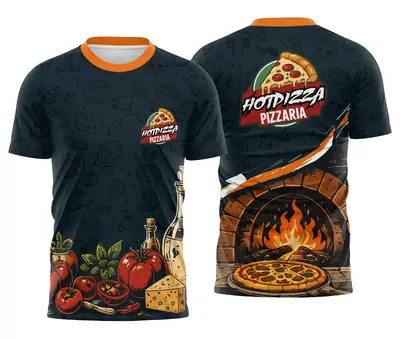 Camisa Trabalho Pizzaria Azul Petróleo com Ingredientes e Forno