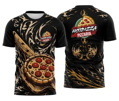 Camisa Trabalho Pizzaria Preta e Dourada com Pizza Ornamentada