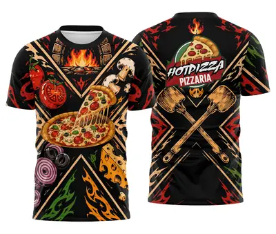 Camisa Trabalho Pizzaria Preta Fogo com Pás Cruzadas e Ingredientes