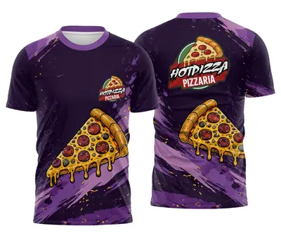 Camisa Trabalho Pizzaria Roxa com Fatia Escorrendo Queijo