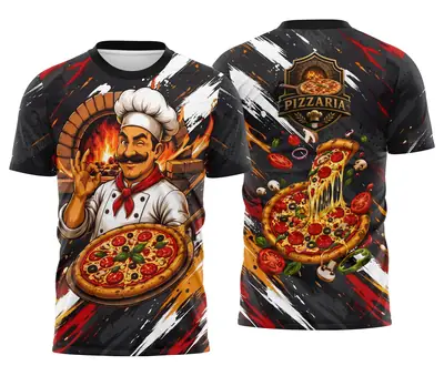 Camisa Uniforme Pizzaria Chef Bigode e Forno a Lenha Vermelha